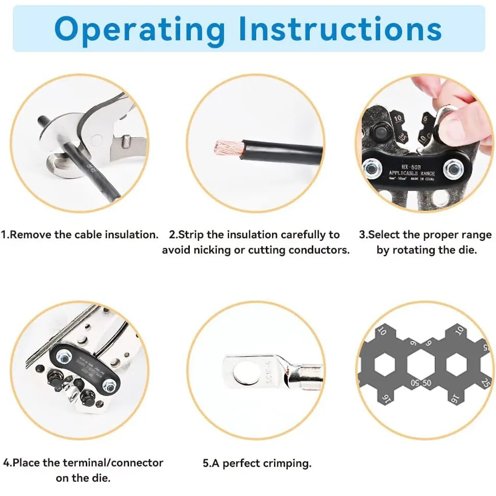 Battery Cable Lug Crimping Tool 10-1 AWG with 60Pcs Copper Ring Terminals 8 Sizes Cable Lugs Set, Heavy Duty Wire Crimper