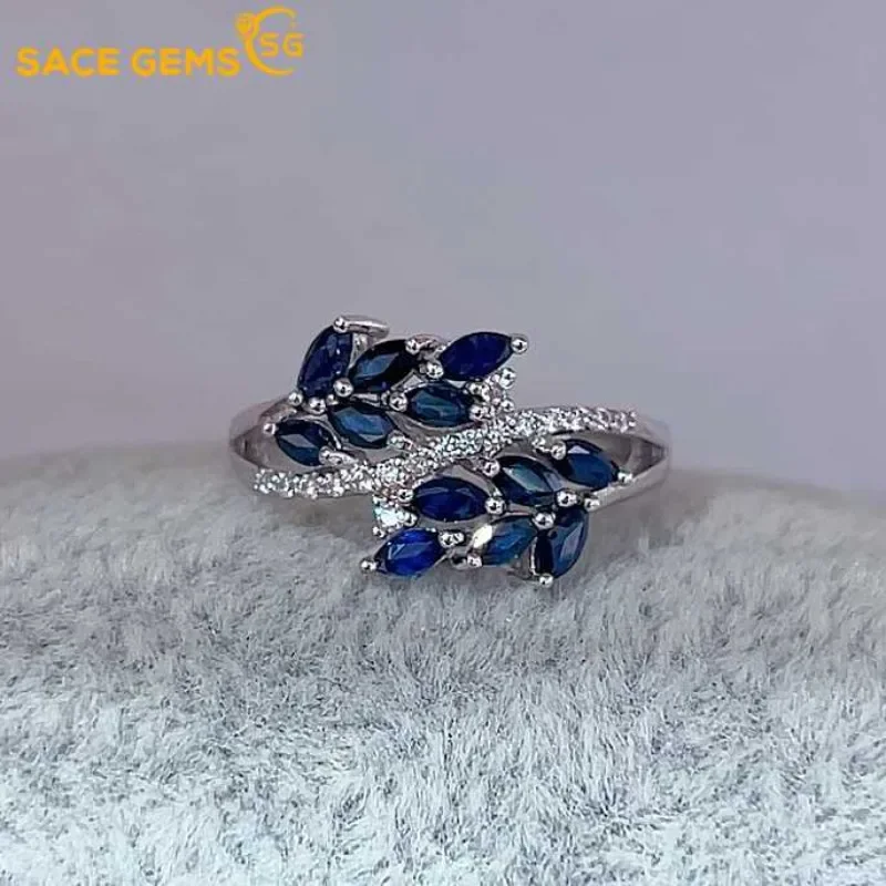 

SACE GEMS New 925 Sterling Silver Certified 2*4MM Natual Sapphire Rings for Women Engagement Cocktail Party Fine Jewelry Gift