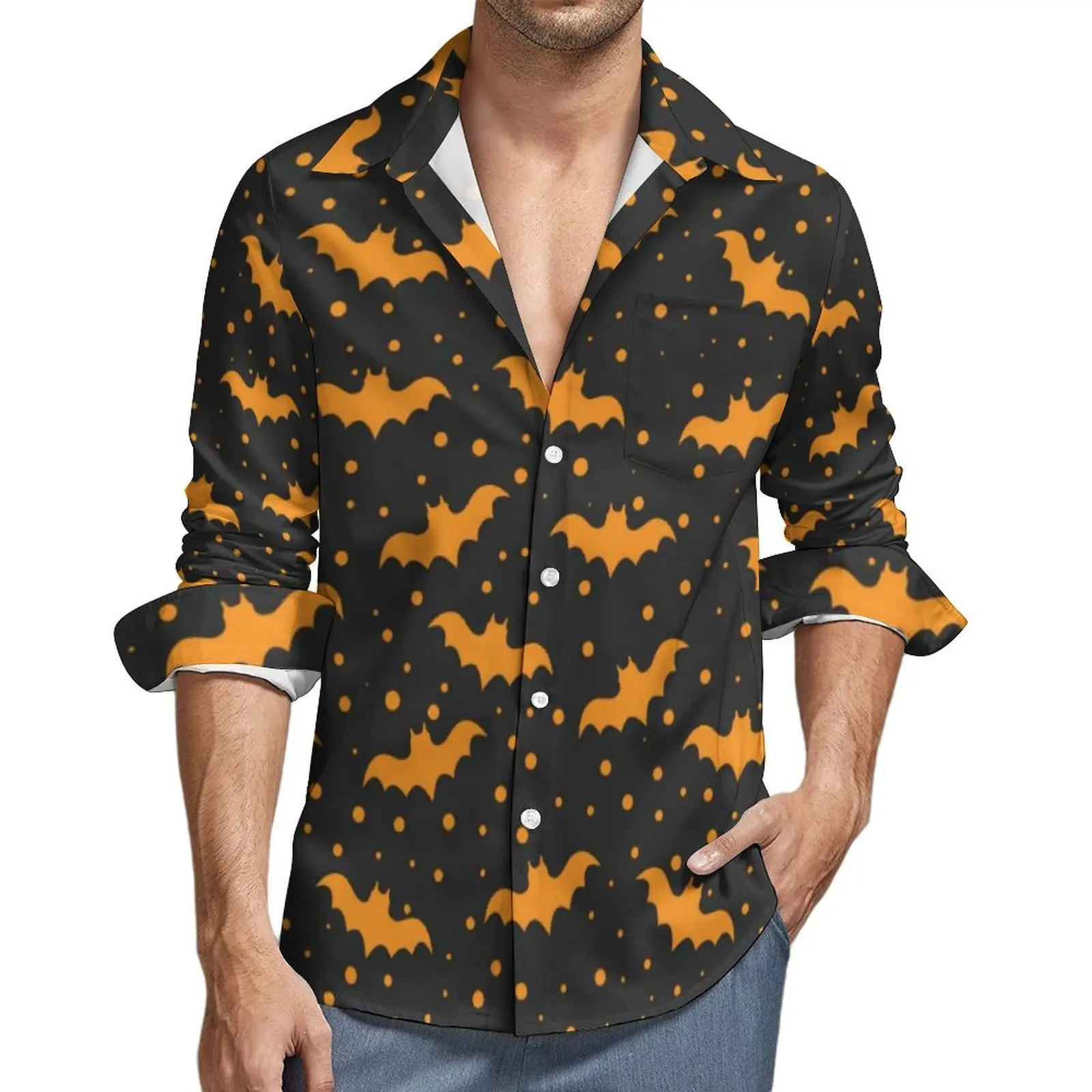 Orange Bats Print Casual Shirt Men Black Halloween Streetwear Shirt Autumn Retro Blouse Long Sleeve Pattern Oversized Clothes