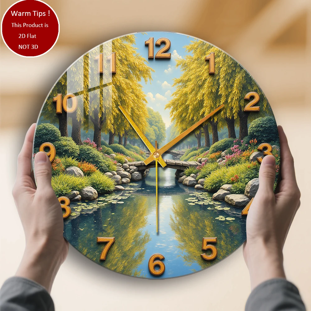 

Настенные часы из закаленного стекла Golden Trees Stream Bridge Garden, подходят для настенного декора или настольного дисплея в любом месте