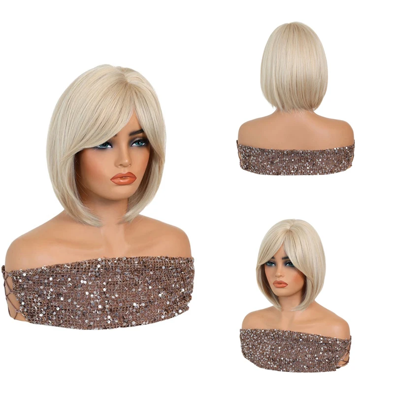 

Milk White Blonde Short Bob Wig with Side Bangs Natural Looking Heat Resistant Synthetic Wig For Women Halloween Cosplay Party