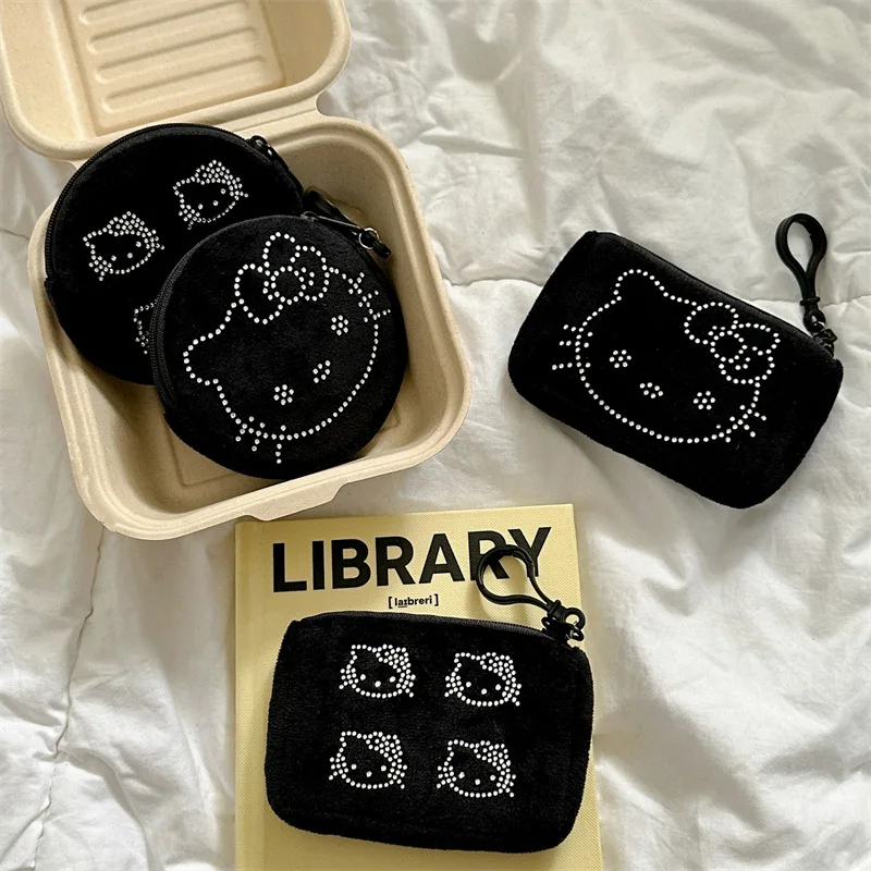 Sanrio Cute Multi-head Black Hello Kitty Hot Diamond Kids Coin Purse Anime Black Plush AirPods Storage Bag Key Bags Portable