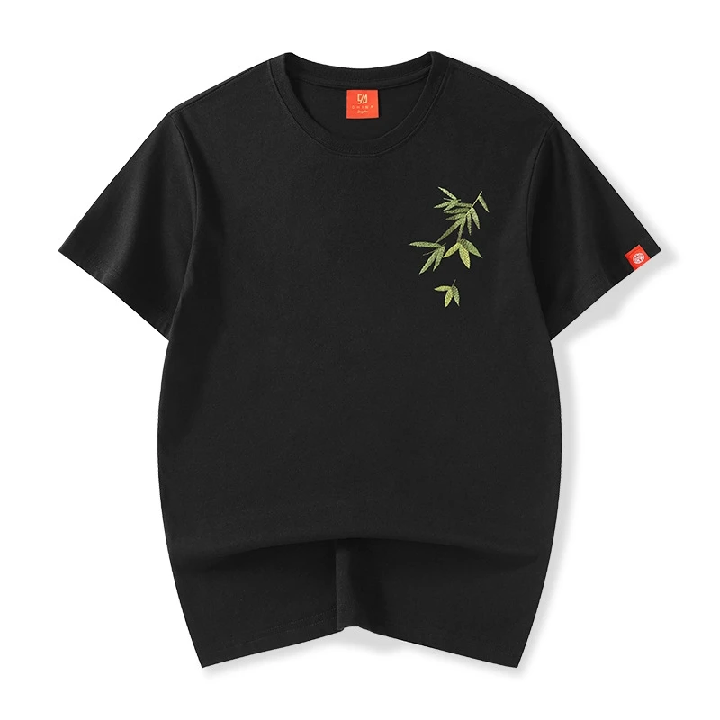 Lyprerazy Tide Brand Bamboo Leaf Embroidery Short-sleeved T-shirt Summer Loose Men Tees