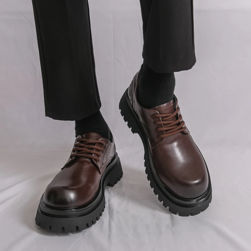 

Мужские туфли дерби на толстой подошве со шнуровкой, однотонная модная классическая деловая мужская обувь из искусственной кожи с круглым носком