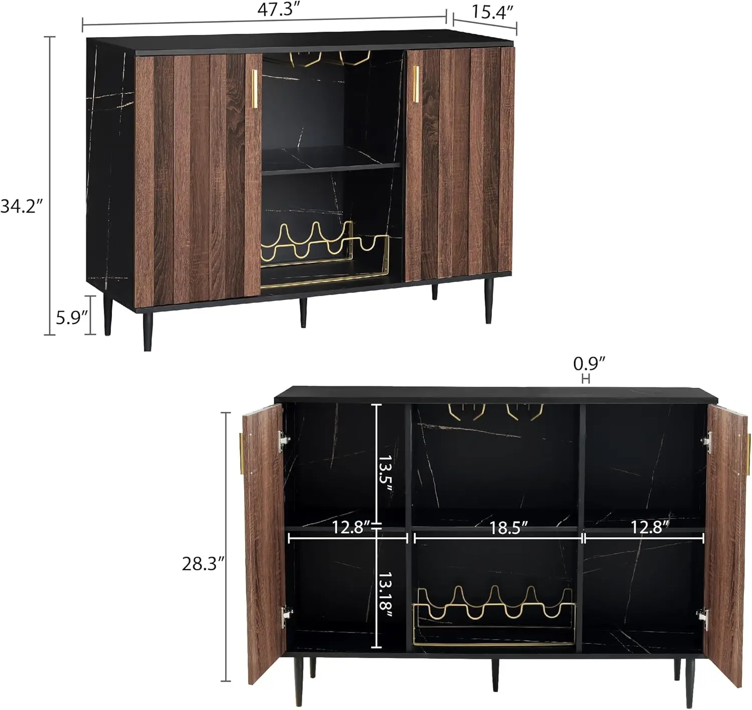 Gabinetes de barra de almacenamiento modernos con puerta de panel estriado de nogal y estante para vino para sala de estar y comedor, estampado de mármol negro falso