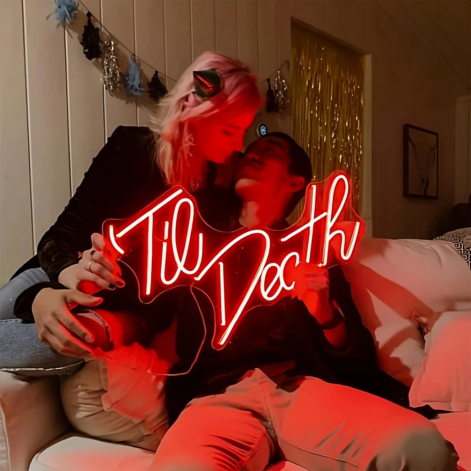 

[Til Death Neon Sign] 1pc Til Death Neon Sign - USB-Powered Wall-Mounted LED Light with Red & White Texn