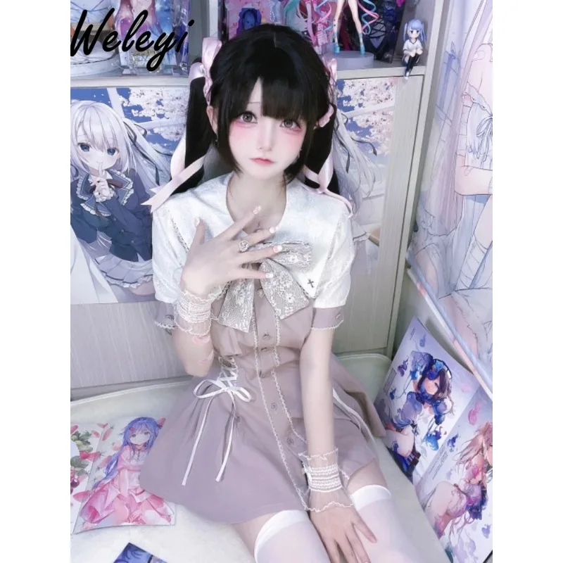 

Kawaii Girl Jirai Kei Dreess Suit 2024 Summer New Japanese Mine Series Sweet Bow Big Flip Collar Water Color Shorts 2 Piece Set