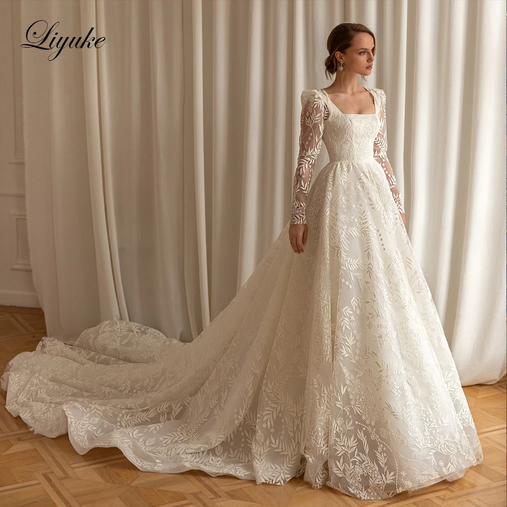 

Liyuke Graceful Lace Square Collar A Line Wedding Dresses With Full Sleeves Floral Prints Court Train Bridal Gowns