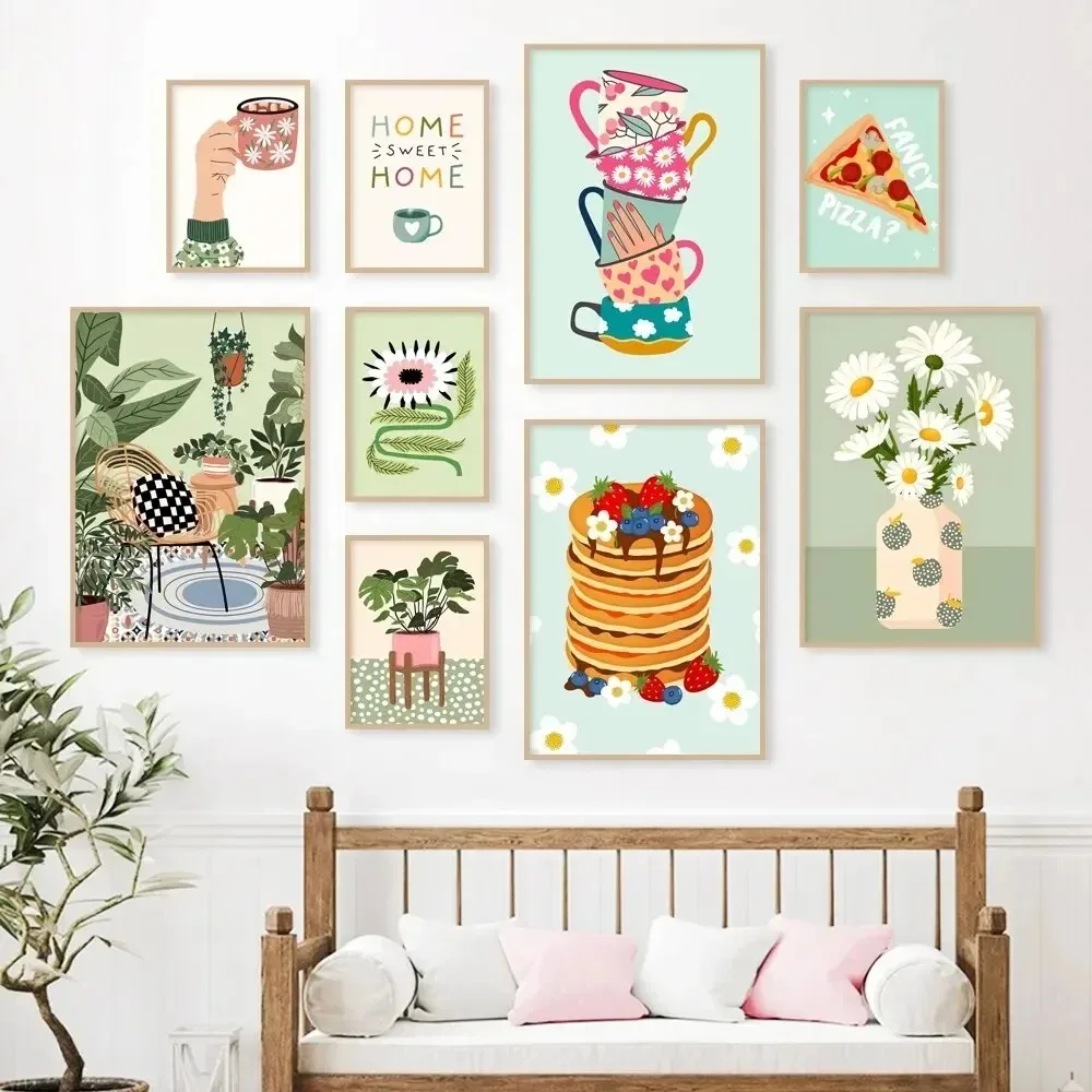 Tropische Pflanzen, Gänseblümchenvase, Pizza, Kaffeetasse, Essen, Wandkunst, minimalistischer Druck, Leinwandgemälde, Poster für Schlafzimmer, modernes Zuhause, Dezember