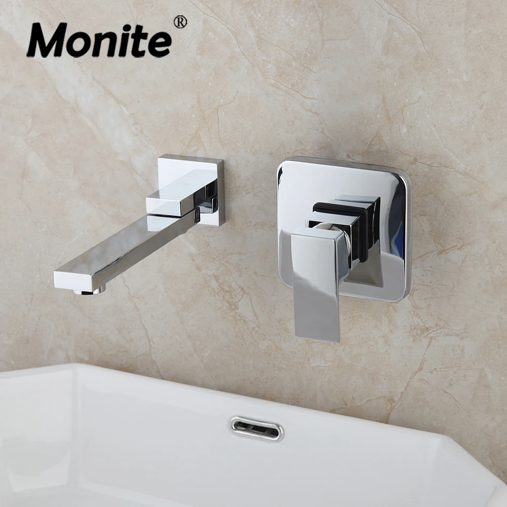 

Monite Chrome Polished Wall Mounted Bathroom Faucet 1 Handle Hot & Cold Mixer Tap Solid Brass Swivel Spout Bathroom Basin Faucet