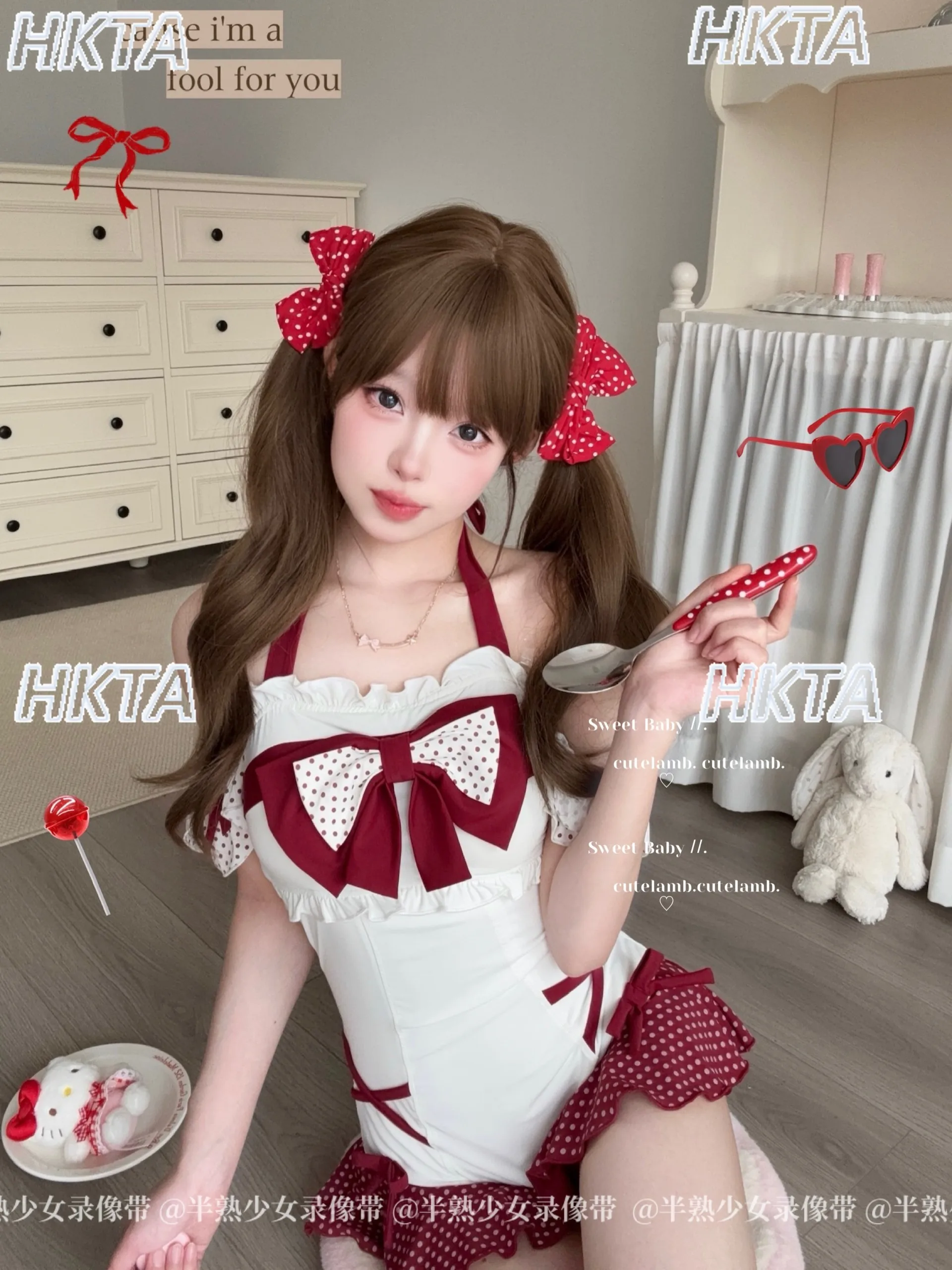 American Sexy New Lolita Polka Dot Strap Big Bow Seaside Vacation Swimsuit Sweet Pleated Neck Contrast One Piece Bikini Women