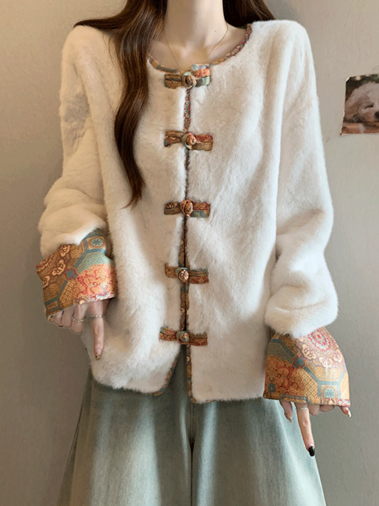 Women's plus Size Fur Collar Cardigan Coat Spring Autumn Traditional Chinese Style Button up Outerwear Full Sleeve round Neck