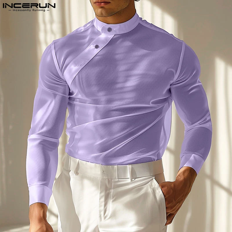 INCERUN Men Shirt Mesh Transparent Solid Color Stand Collar Long Sleeve Men Clothing Sexy 2024 Fashion Party Unisex Shirts S-3XL