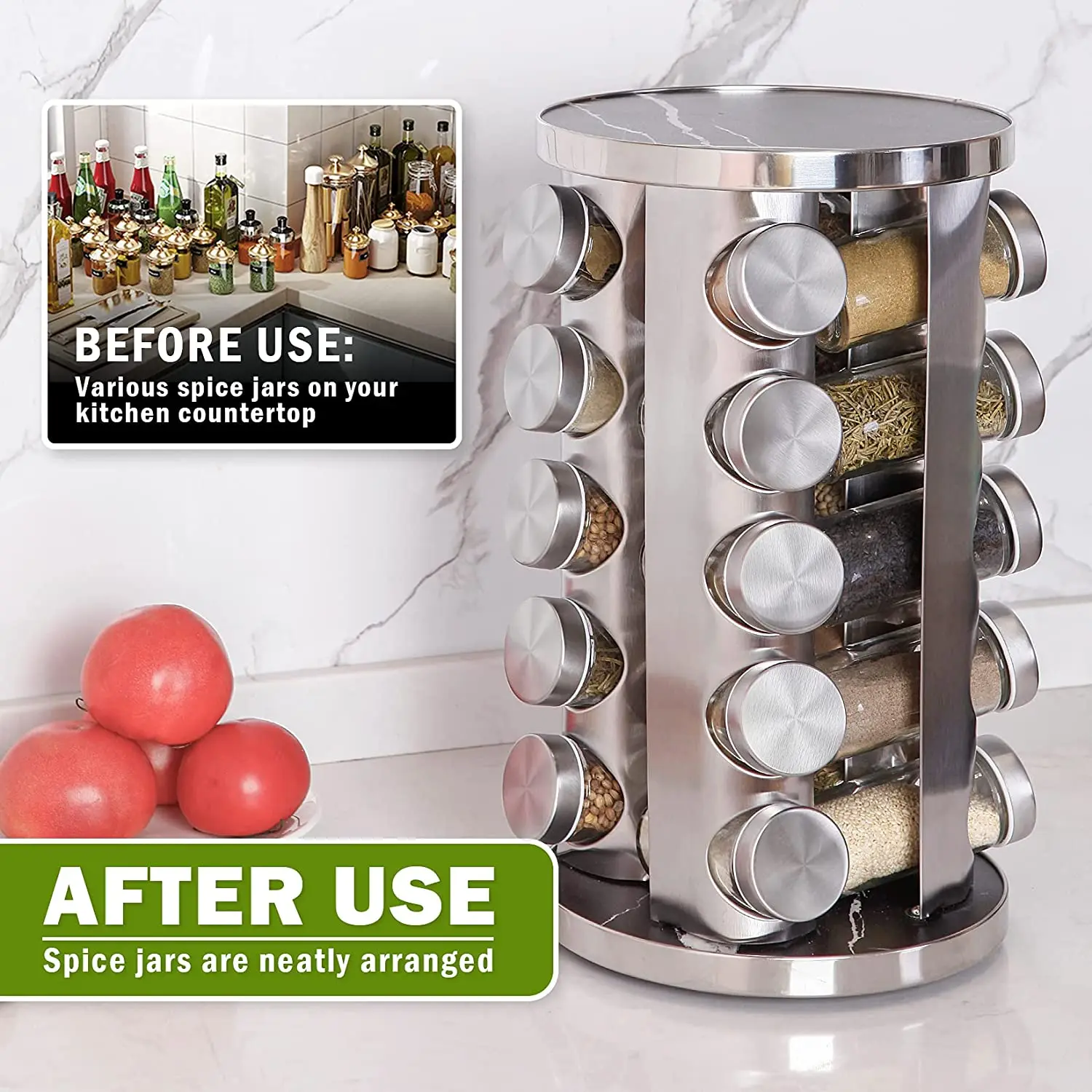 Stainless Steel Spice Jar with Label Countertop Spice Tower Rotating Rack Spice Container Organizer Pepper Seasoning Pot