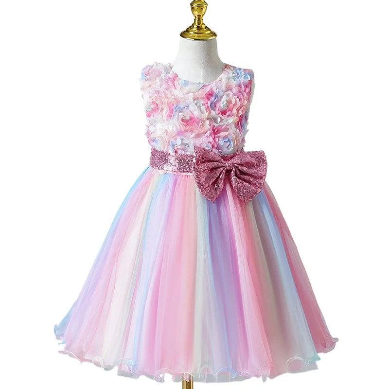 

Sleeveless princess dress, rainbow flower puffy gauze dress, wedding dress, schoolgirl dance performance clothes,party clothes