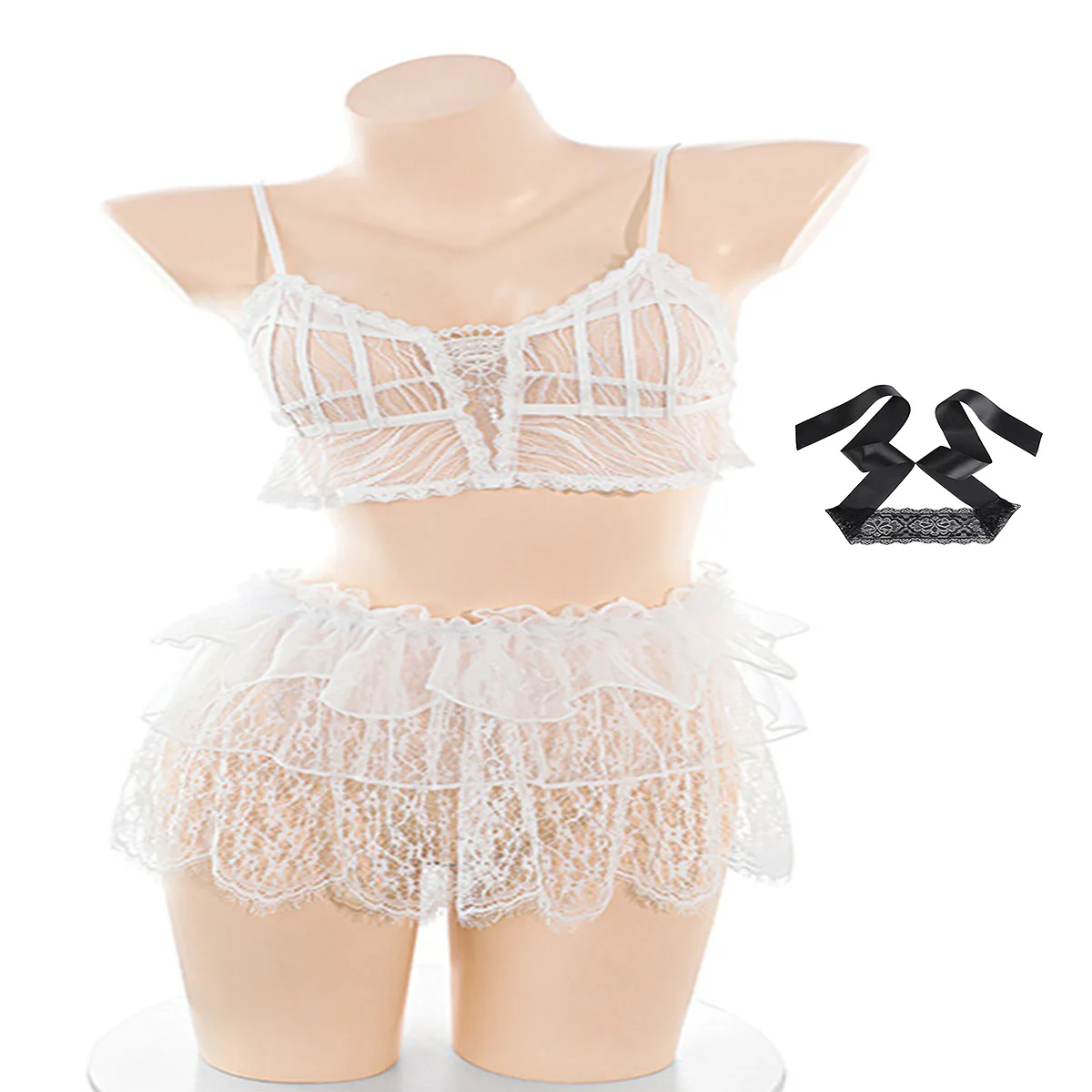 LISM Sweet Sheer Lace Lingerie Set For Women, Spaghetti Strap Bralette And Multi Layer Ruffle Skirt Sleepwear