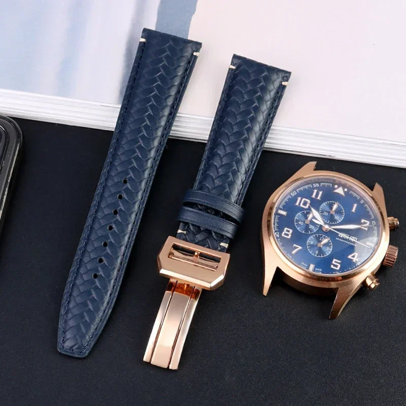 High Quality Cowhide Woven Watchband For IWC IW344205 IW371614 IW500713 PORTUGIESER Portofino Blue Soft Leather Watch Strap 22mm