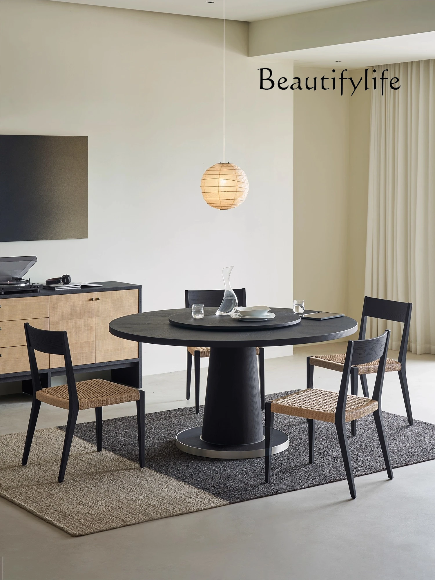 

Round dining table Solid wood wabi sabi black dining table and chair combination with turntable Household dining table