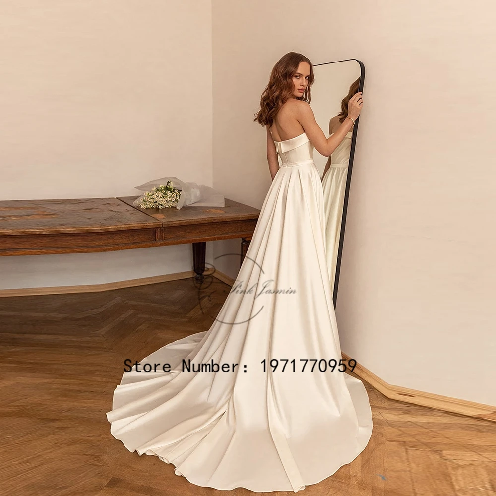 2024 avorio semplice senza spalline abito da sposa in raso senza maniche Sexy aperto sul retro con cerniera Custom Made Court Train vestidos de novia