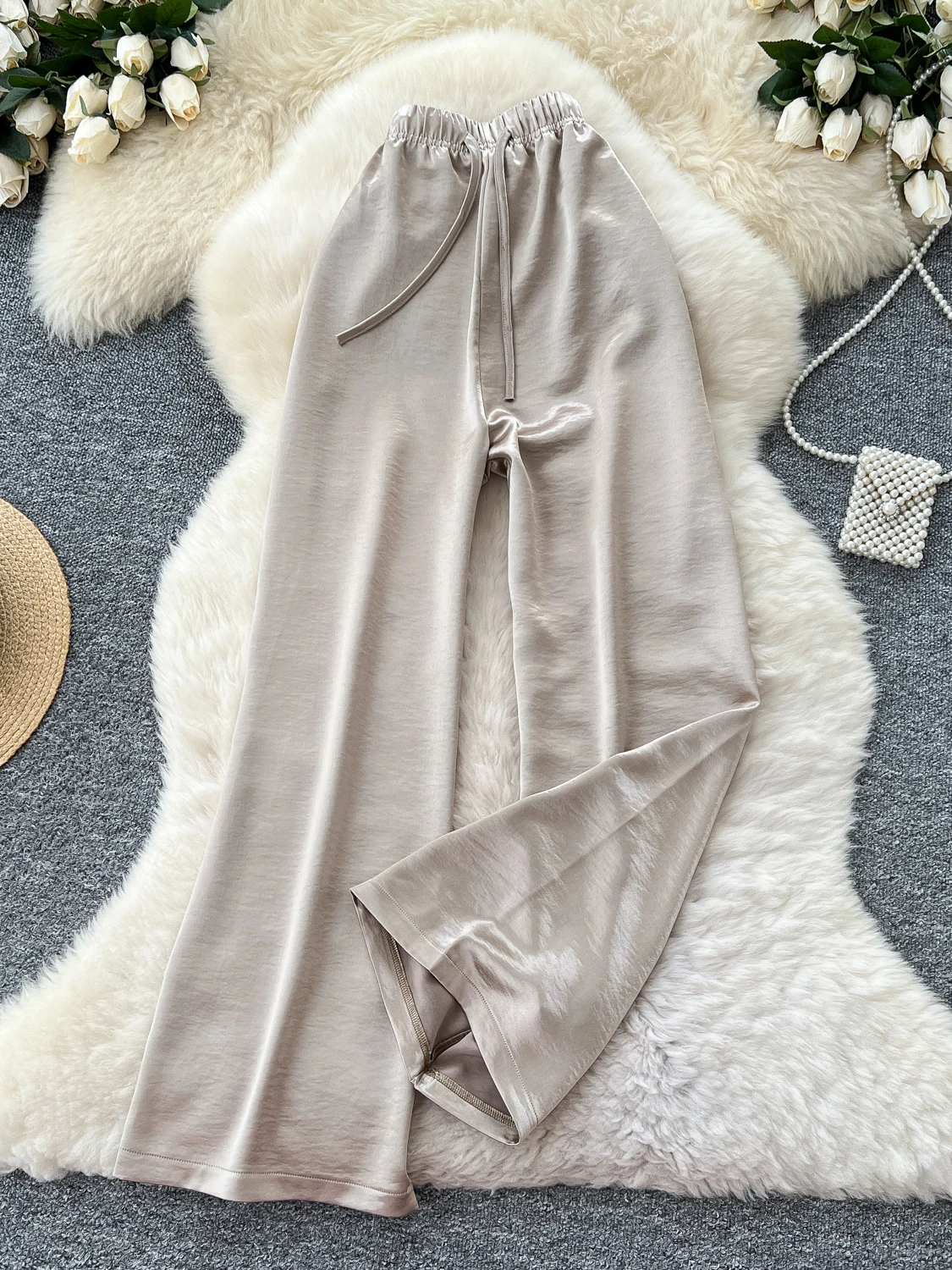 Pantaloni a gamba larga a vita alta da donna casual in raso dritto vestibilità ampia estate pigro Sle versatile dimagrante elastico in vita allentato St...