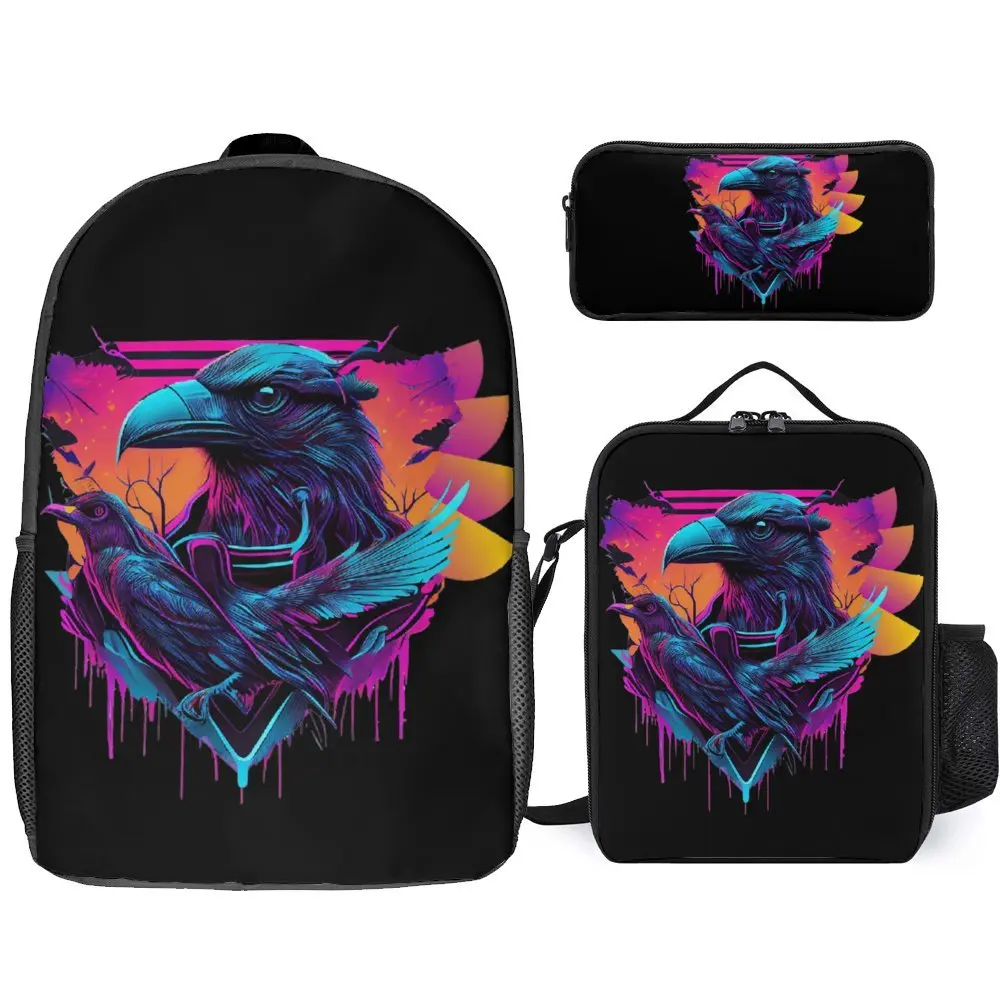 

Synthwave Raven Skull Demon Slayer 16 3 in 1 Set 17 Inch Backpack Lunch Bag Pen Bag Secure Knapsack Cosy Schools Vintage