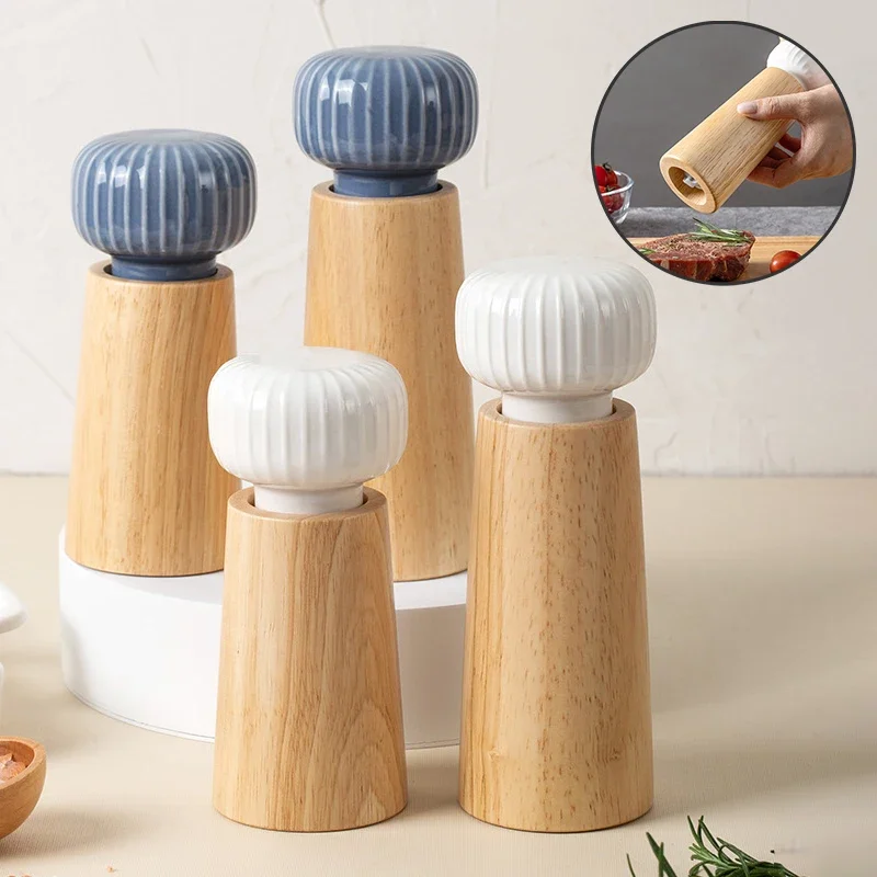 Gewürzmühle, Salz- und Pfeffermühle, nachfüllbarer Shaker, manuelle Kräutermühle, verstellbarer Keramikkern, Holzflasche, Küchenutensilien