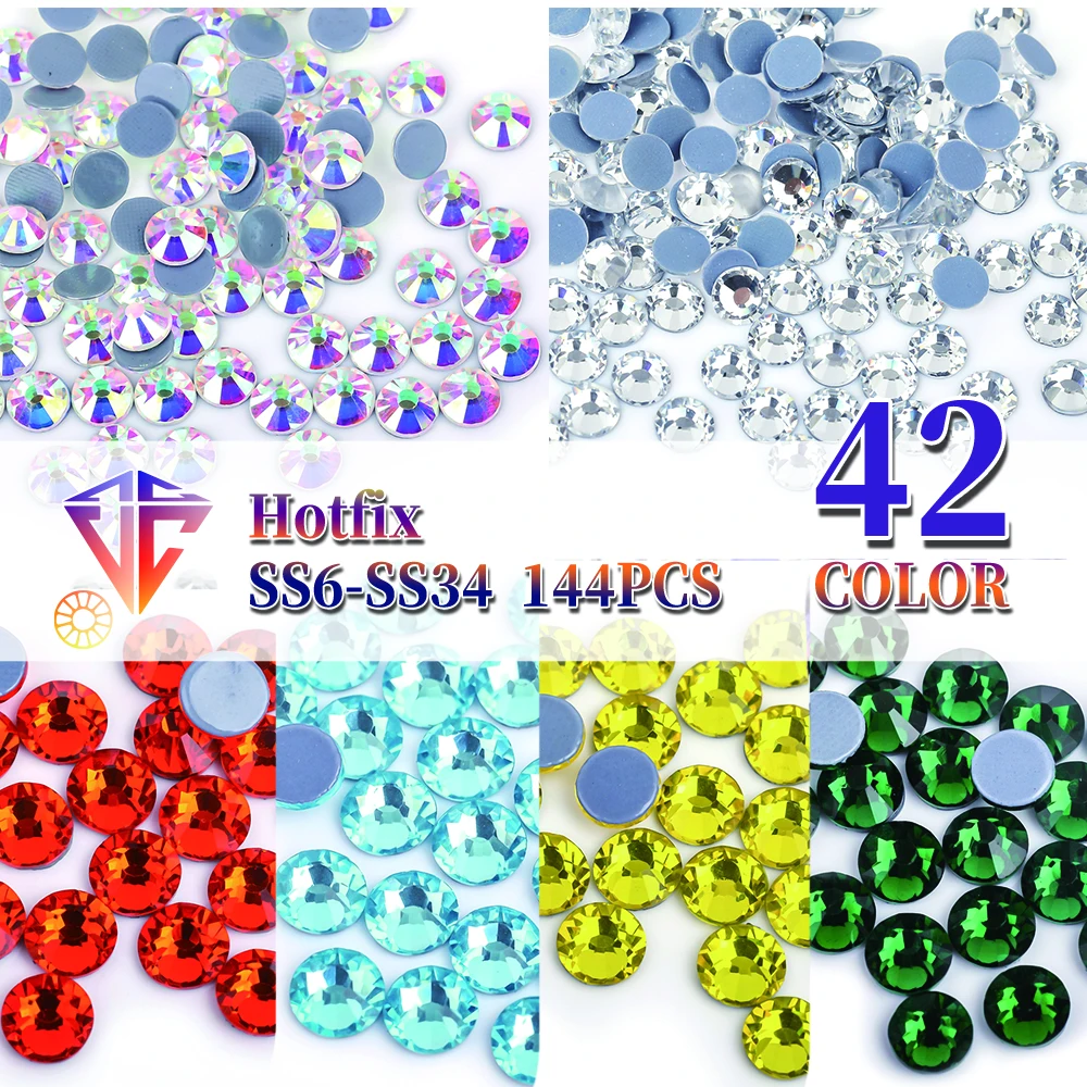 144pcs/pack SS6-ss30 Flatback Iron on Hotfix Crystal Rhinestone Hot Fix Glass rhinestones for Nail art fabric dance wear/shoes
