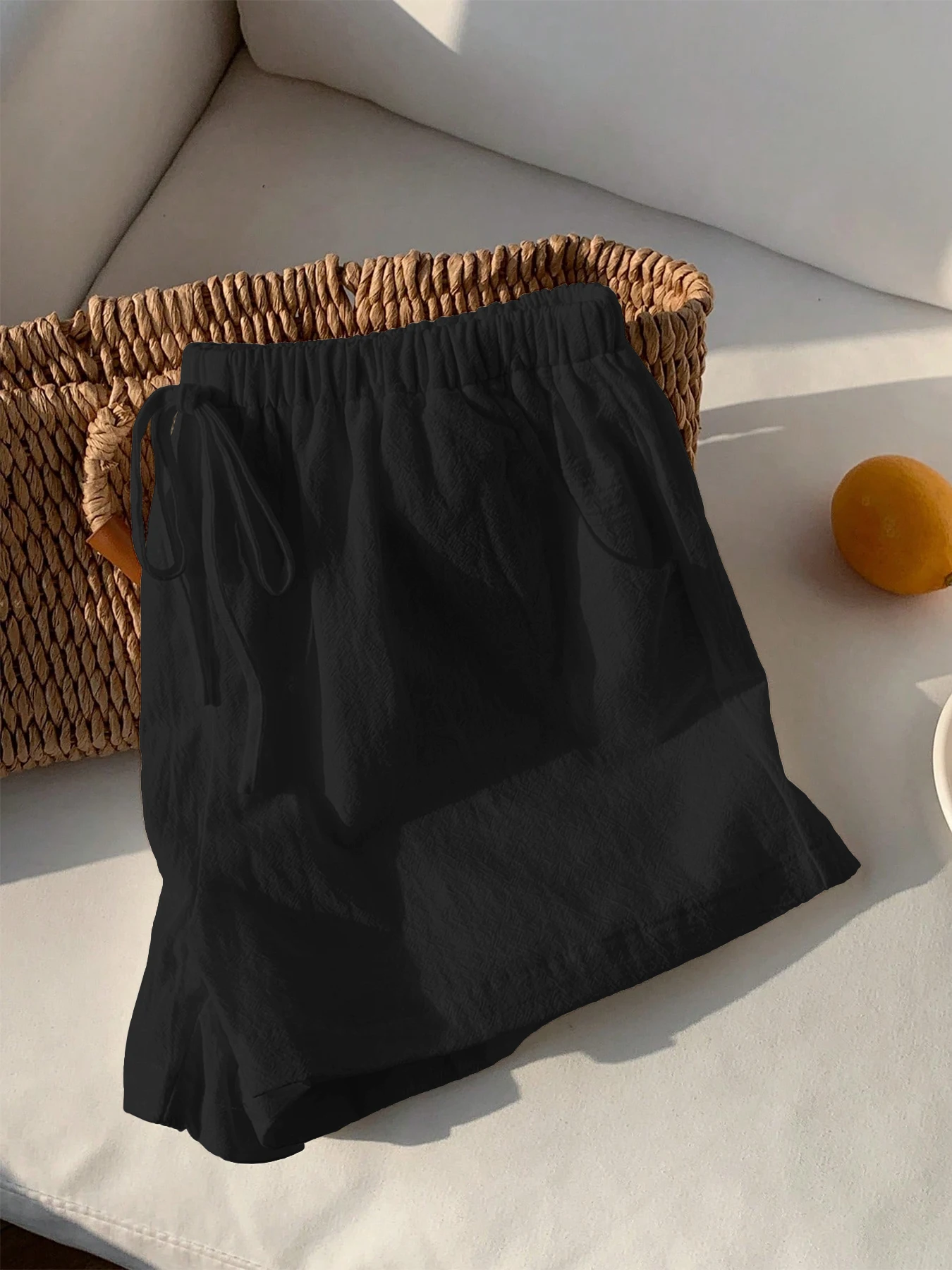 Damen Neue Frühling-Sommer Leinen Einfarbige Lässige Sport-Shorts mit Elastischem Bund und Kordelzug – Detail 5
