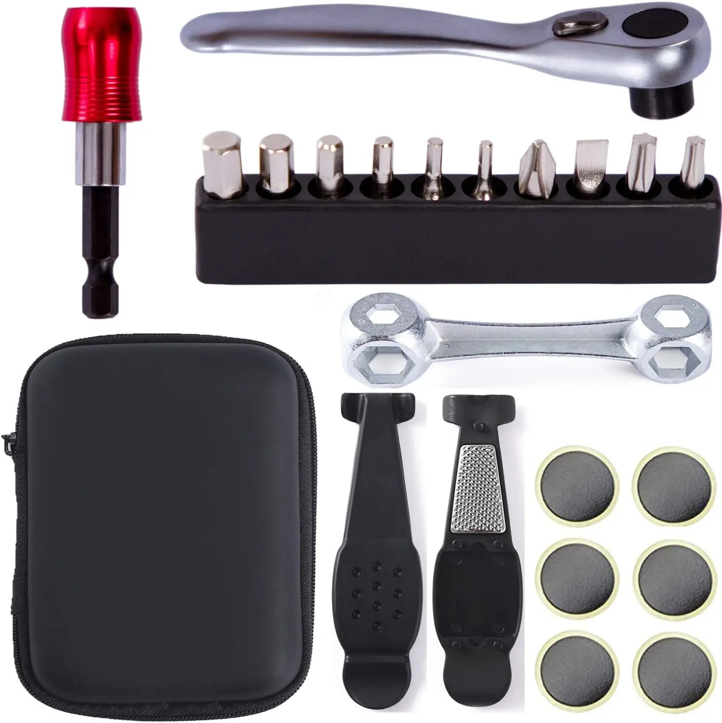 

Professional Bike Repair Tool Kit with Ratchet Wrench, 10 Bits, Tire Levers, Patches & Bone Wrench, Portable Pouch