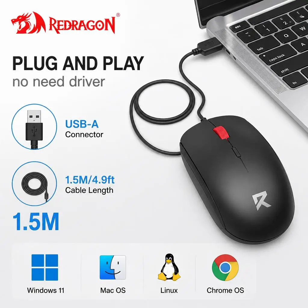 Redragon Wired Mouse, 1200DPI Ergonomic Optical Design PC Mouse, Suitable for Chromebook, PC, Desktop, Laptop - Black