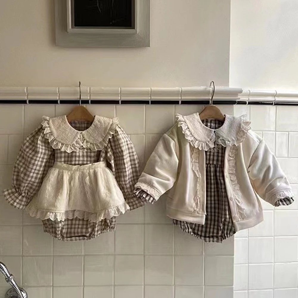 Vintage Toddler Girls Brown Plaid Lace Romper Korean Spring Baby Long Sleeve Jumpsuit Infant Kids Short Skirts for Girls Clothes