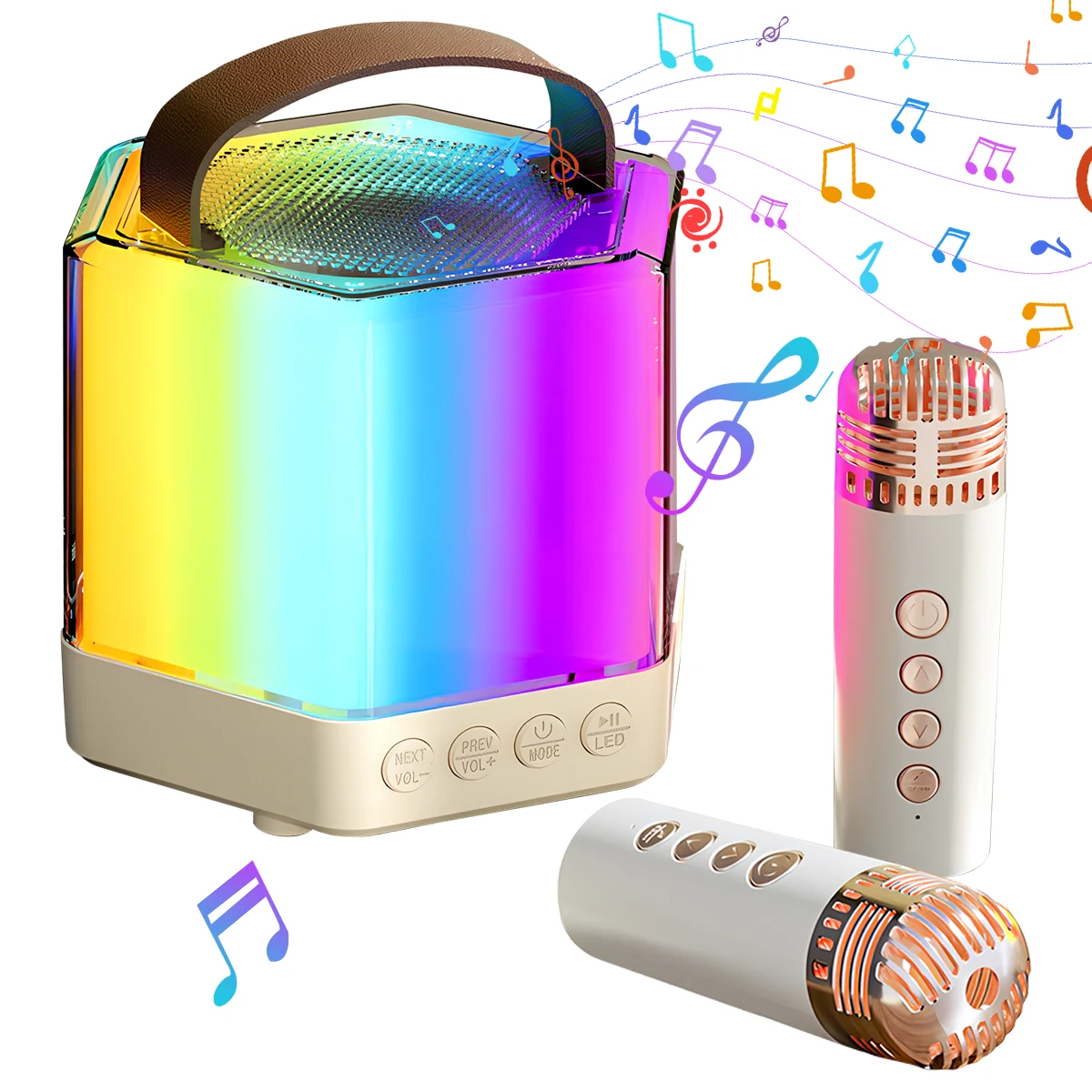

Microphone Set Mini Karaoke Portable Beige Machine for Adults Kids Speaker LED Small Sound Clear Singing Party Family Gathering