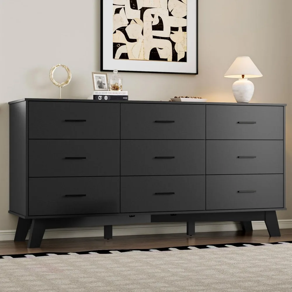 

Modern 9 Drawer Dresser with Metal Handles X Base Adjustable Leg Anti Tip Bedroom Storage