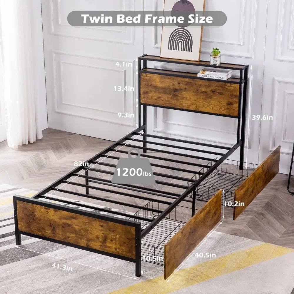 Twin Bed Frame with 2 XL Storage Drawers, Platform Bed Frame with 2-Tier Headboard, Strong Metal Slat Support