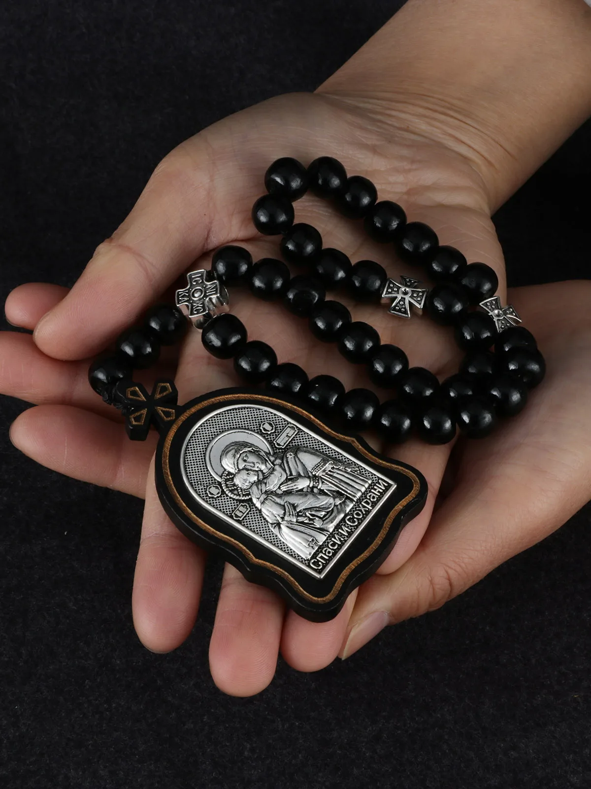 Russian Orthodox Wood Rosary Virgin Mary Child Icon Metal St.Nicholas Saint George Dragon Slayer Pendant Necklace Prayer Beads view 6