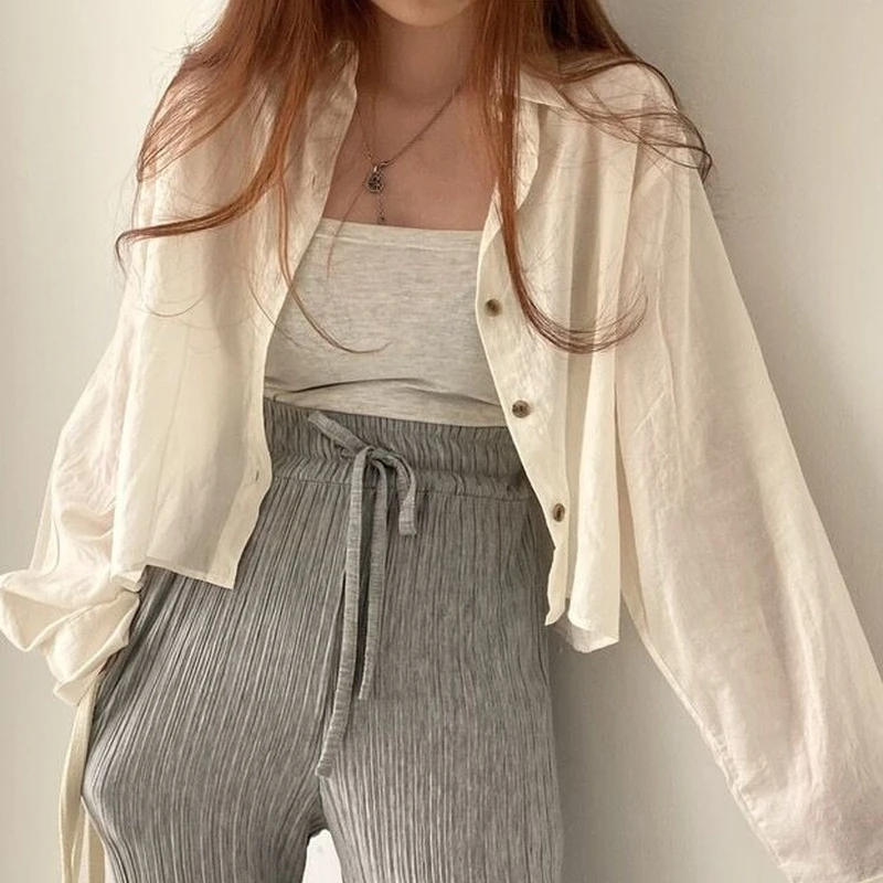 

Shirts Women Korean Fashion Retro Leisure Chemise Femme All-match Basic Design Sun-proof Solid Ins New Arrival Students Popular