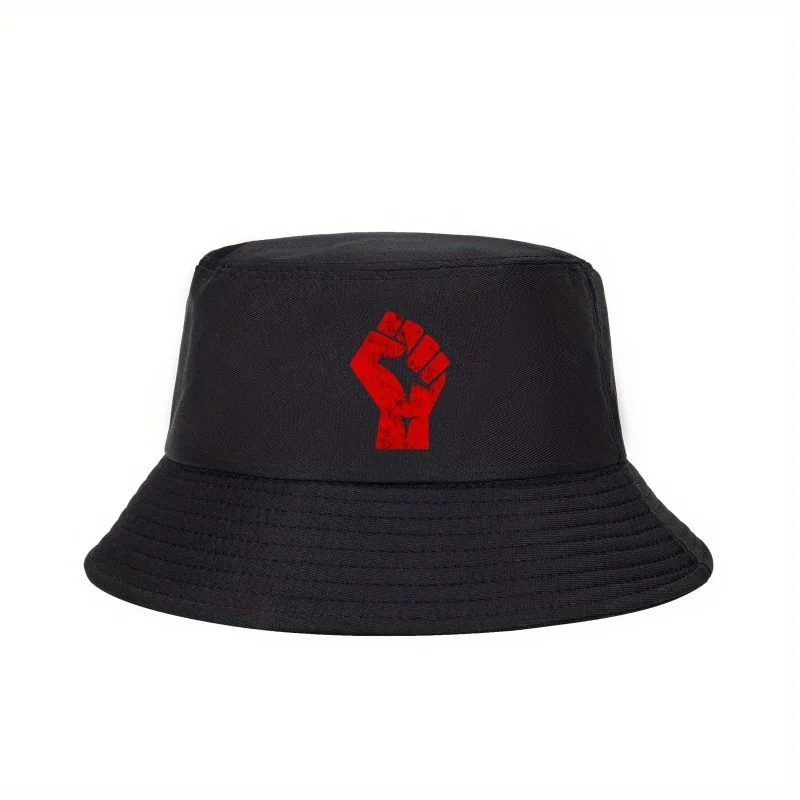 1 chapeau de soleil unisexe style bob avec grand symbole de poing rouge surélevé - Chapeau de soleil léger et pliable, idéal pour les voyages en plein air