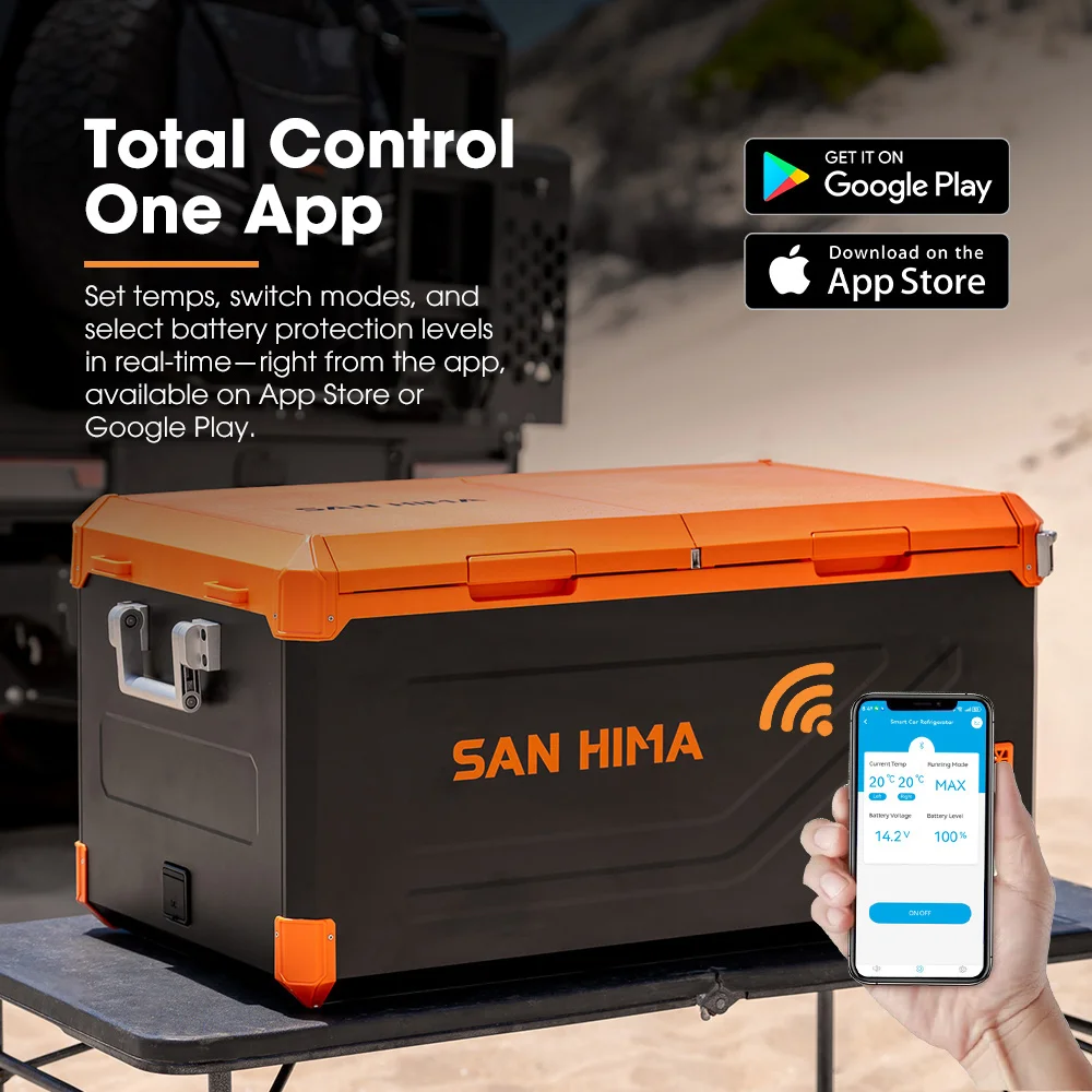 SAN HIMA 95L 75L Car Fridge Freezer Dual Zone APP Control LG Compressor 12V 24V 240V With LED Light For Camping Travel Truck