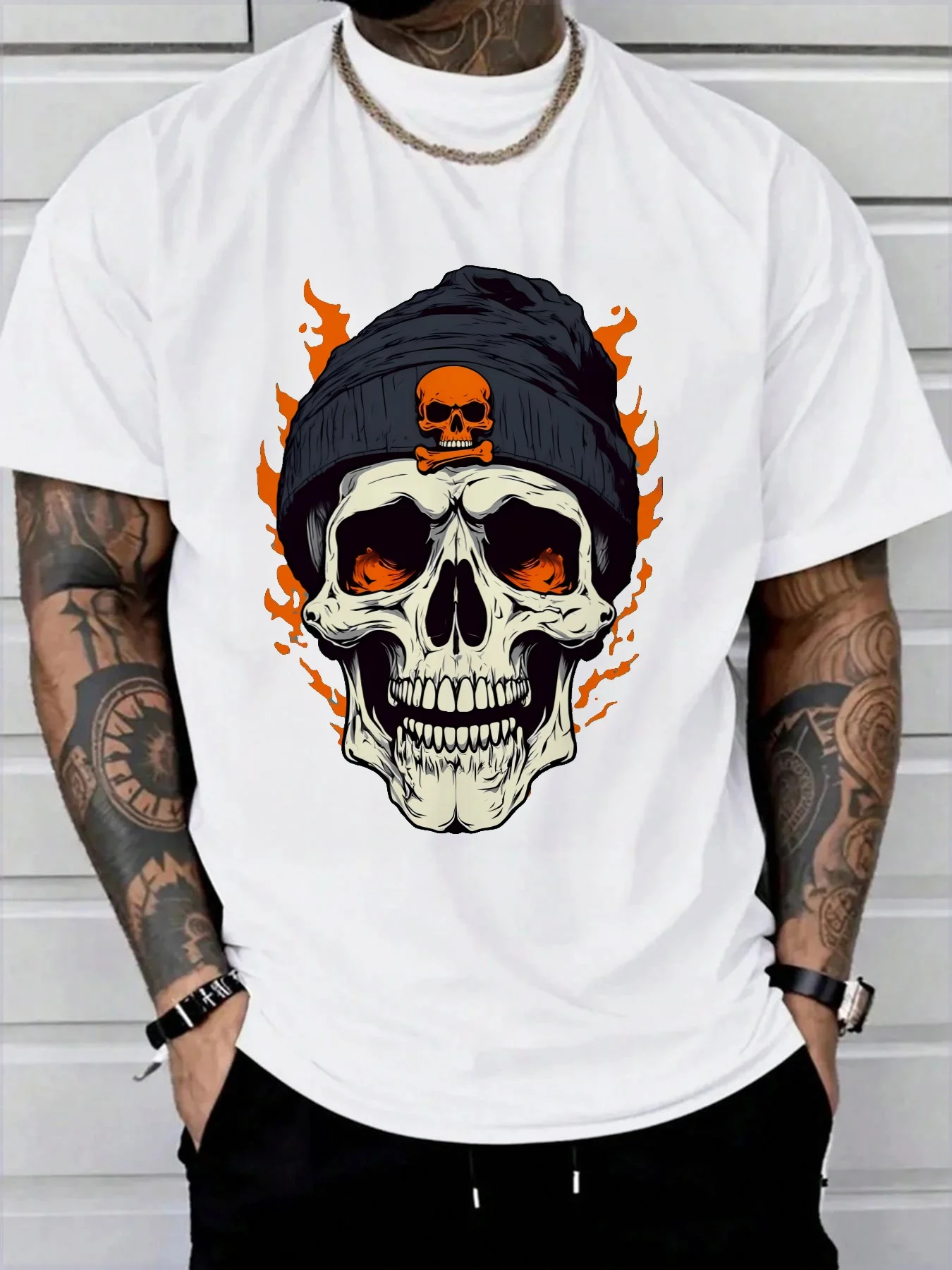 

Teevo Summer T-Shirts 2025 Casual Short Sleeve Round Neck Skull Black Beanie Hat Print Daily Loose T-Shirts For Men