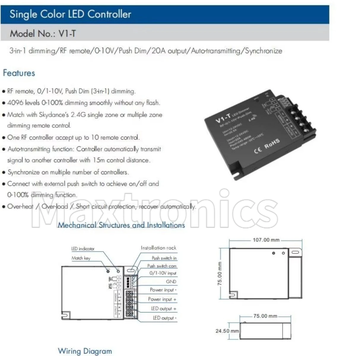 DC12-24V 0-10V V1-T Single Color LED Controller 3-in-1 Dimming  Push Dim 20A Dimmer Auto-transmitting/Synchronize 240W / 480W