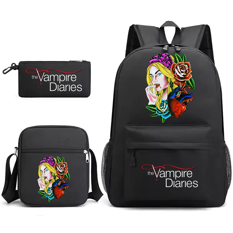 3Pcs Set Movie The Vampire Diaries Backpack School Bags Students Boys Girls Bookbag Funny Pattern Pencil Case Shoulder Bags Gift