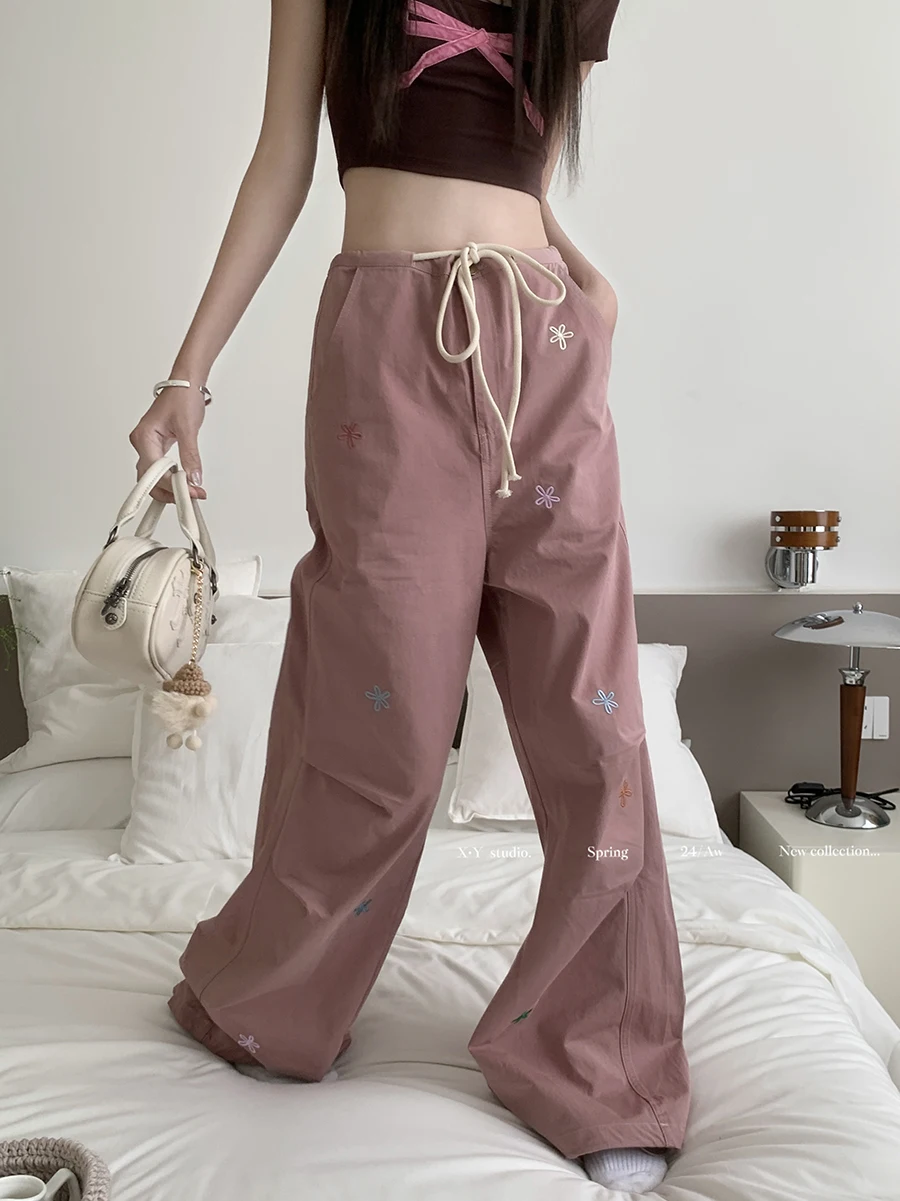 

Benuynffy Mid Waisted Drawstring Cargo Pants Women Oversize Joggers Y2k American Retro Loose Embroidered Wide Leg Trousers