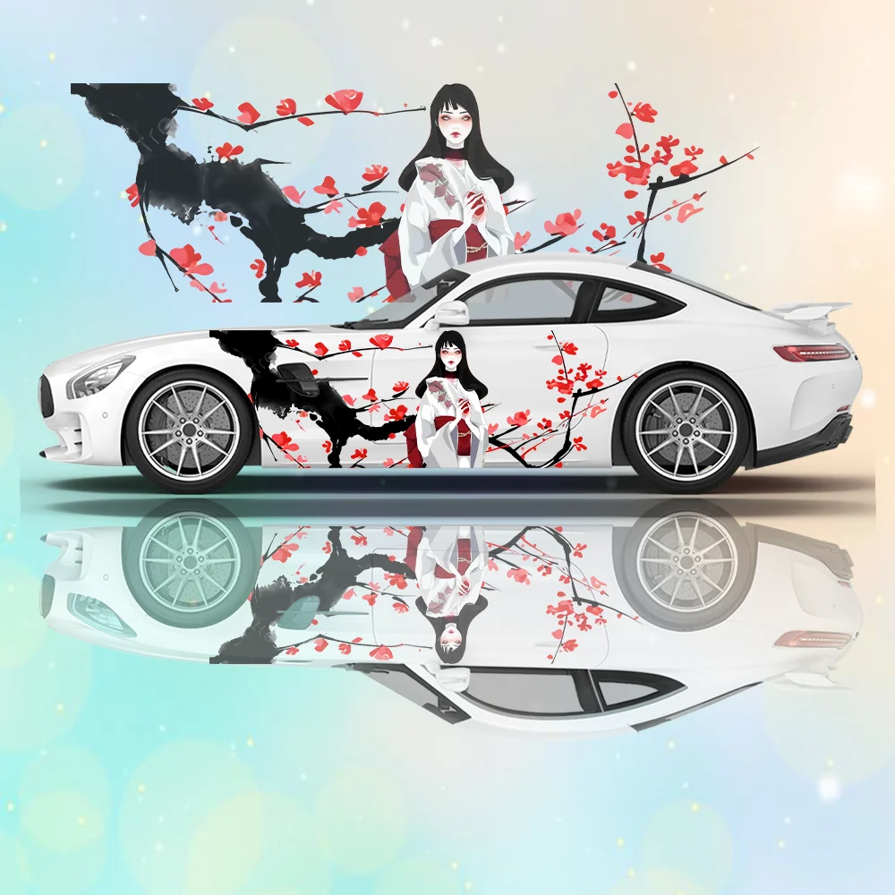 الجيشا اليابانية زهر الكرز سيارة الفينيل يلتف ملصق مائي ذاتية اللصق بولي كلوريد الفينيل مناسبة للشاحنات SUV ديكور اكسسوارات السيارات