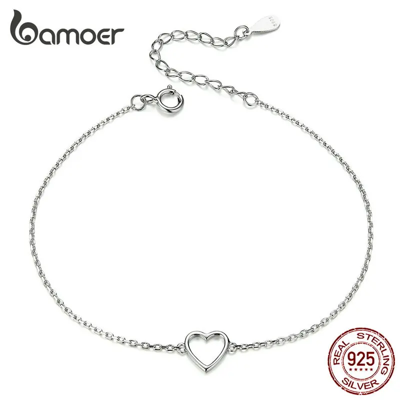 BAMOER Classic Personalized Heart Bracelet, 925 Sterling Silver Dainty Link Chain Bracelet for Women Teen Girls