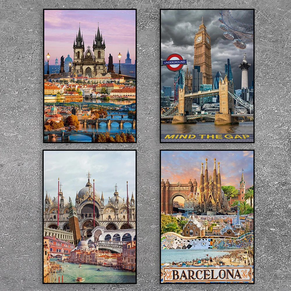Pôster de viagem de barcelona Sagrada Família impressões de arte de parede colagem de cidade europeia pintura em tela de viagem França Paris pôster de viagem