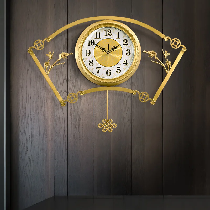 New Chinese Brass Light Luxury Wall Clock Home Living Room Modern Creative Villa Entrance Wall Fan