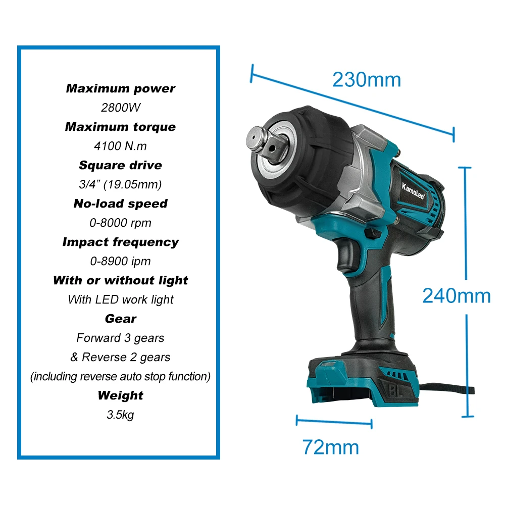 Kamolee 4100NM Brushless Electric Wrench 3/4 inch Cordless Impact Wrench Handheld Power Tool For Makita 18v Battery