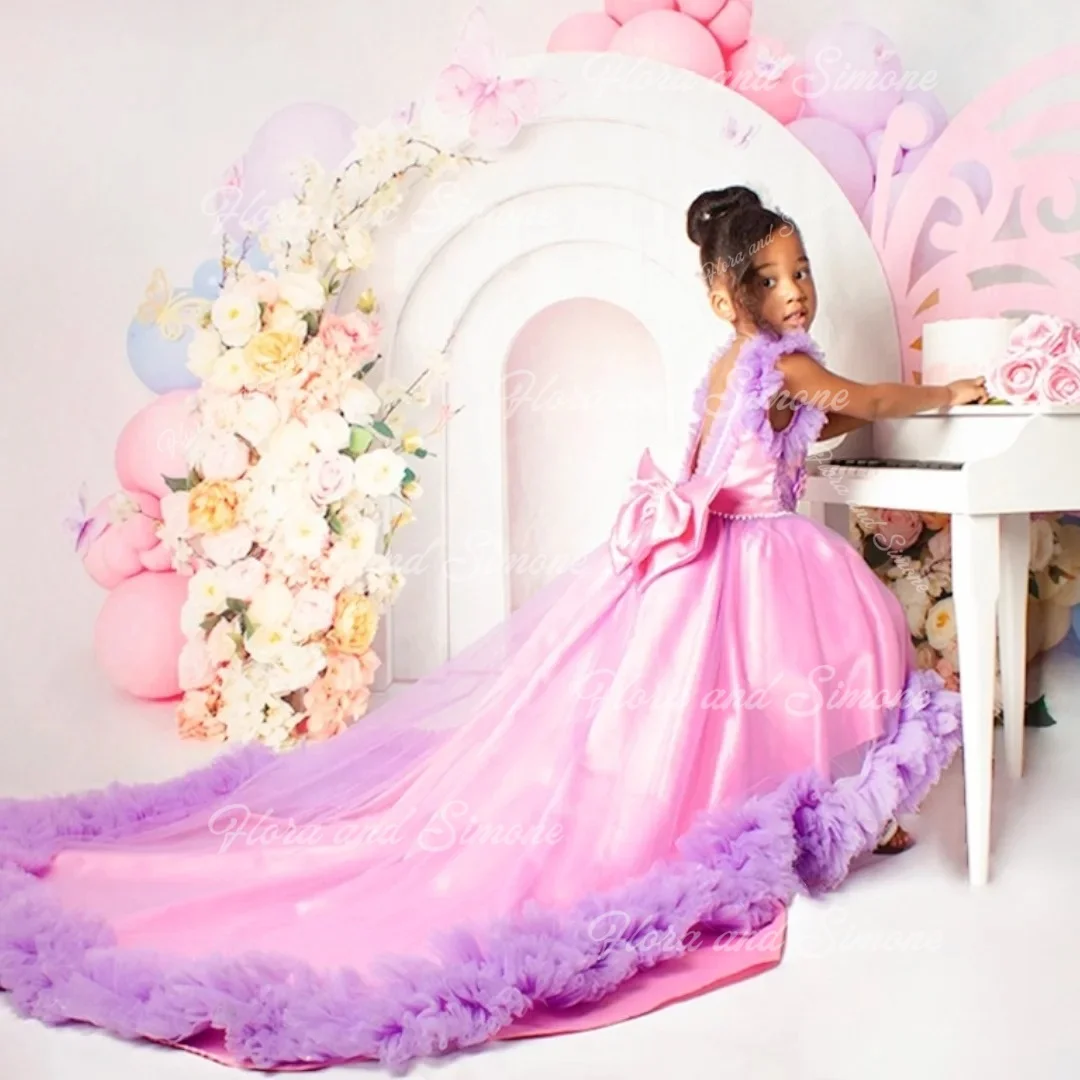فساتين عيد ميلاد فاخرة للأطفال باللون الوردي، فستان فتاة الزهور مكشكش مطرز بالخرز لحفلات الزفاف وحفلات العطلات للفتيات الصغيرات