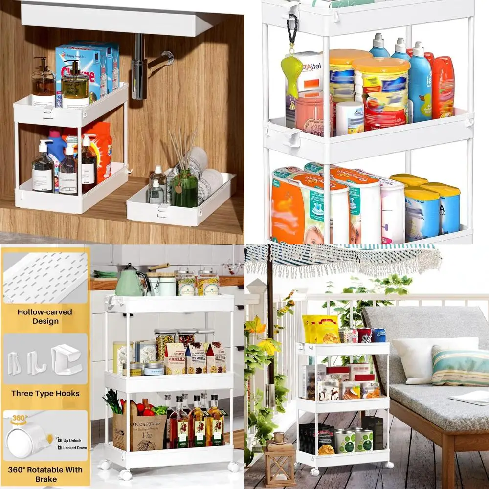 

3-Tier Rolling Storage Cart for Laundry and Bathroom, White, Multi-Functional Mobile Shelving
