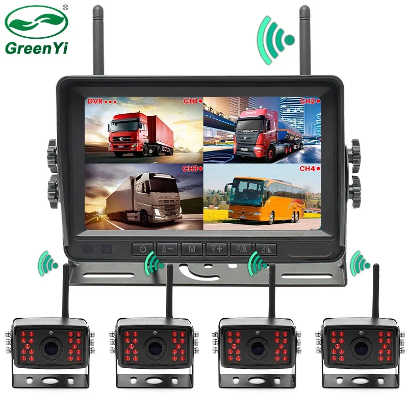 HD 7 Inch AHD Wireless Dual Antenna 4 Channels Car DVR Monitor 720P Vehicle Reverse Backup Recorder Wifi Camera For Bus Truck